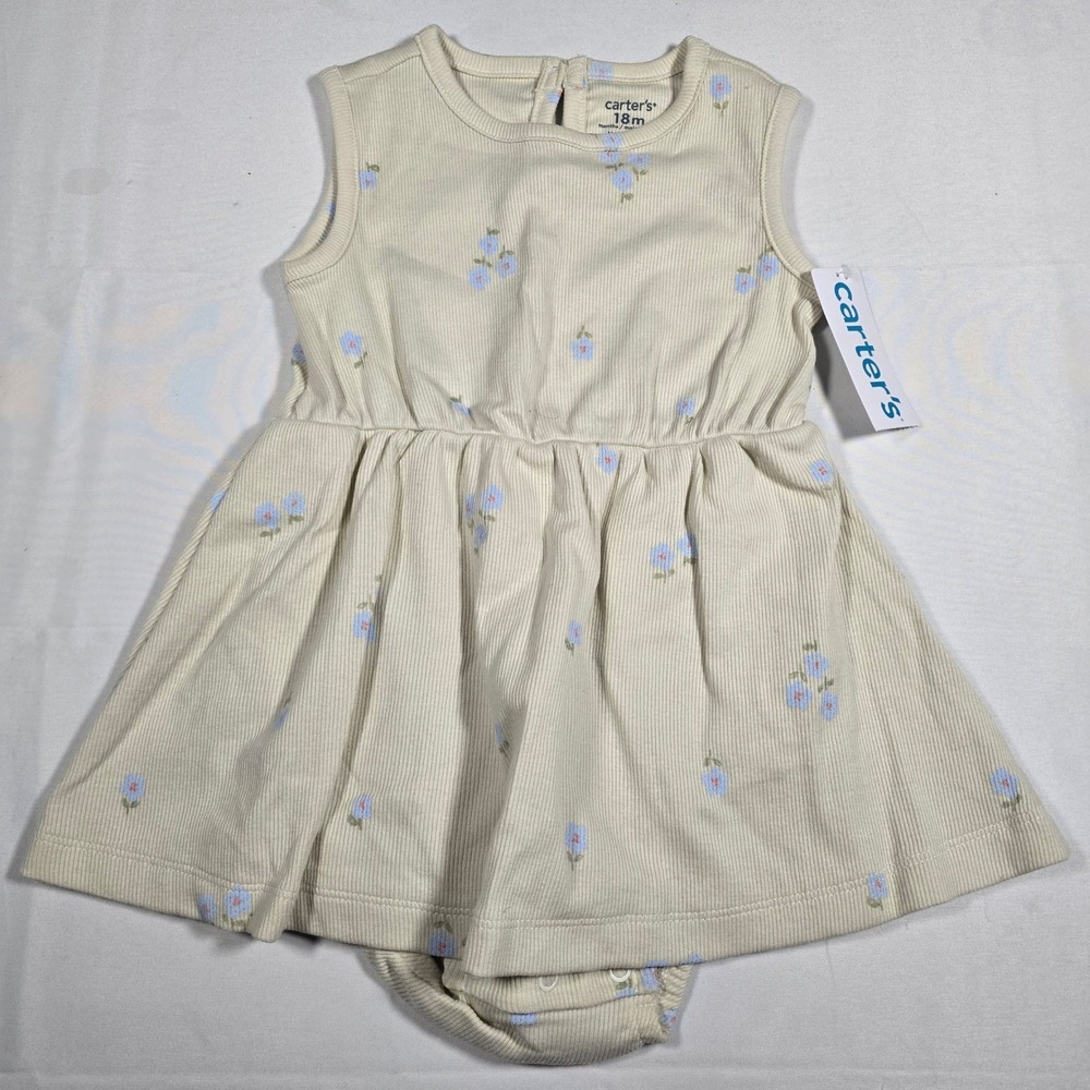Carters Baby Girls 18M Floral Ribbed outfit Dress Sleeveless Cream Blue new